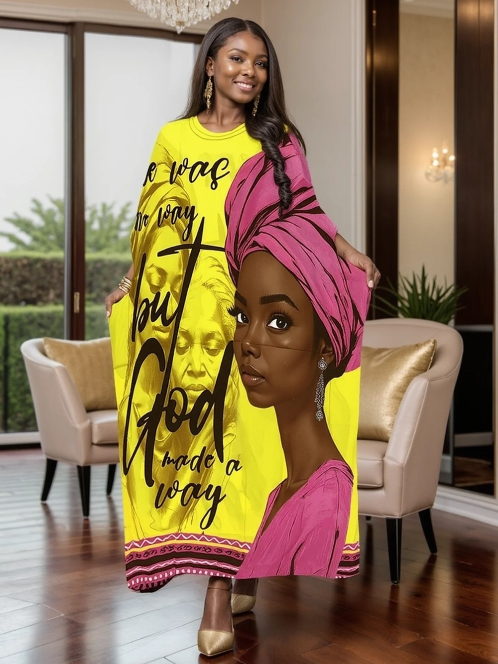 Yellow & Pink Women’s Graphic Kaftan Dress - Brand Unknown
